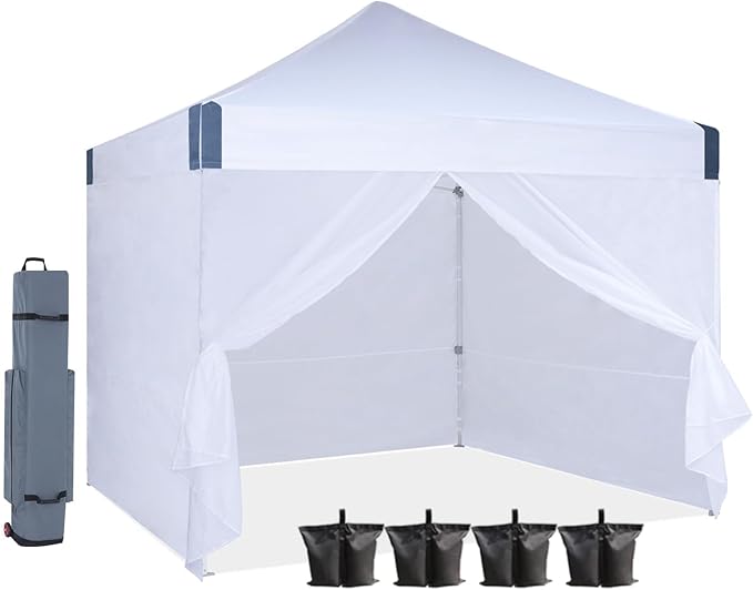 10x10 Pop Up Canopy Tent with Sidewalls, Heavy Duty Commercial Instant Tent with Sand Bags for Deck, Party, Camping, Backyard, Playground, White