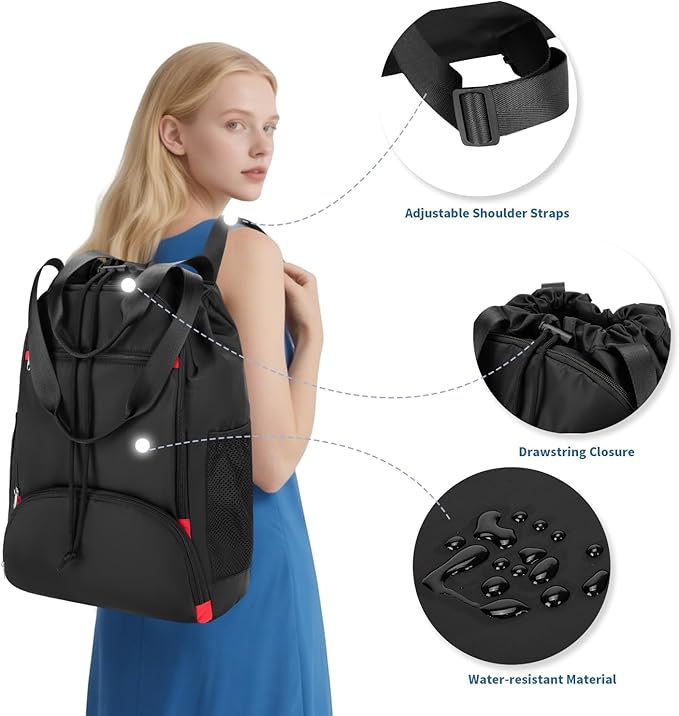 seyfocnia Drawstring Backpack,Gym Bags with Shoes Compartment Sports Gym Backpack Drawstring Bag Cinch Bag Swim Soccer Beach for Woman Men-Black