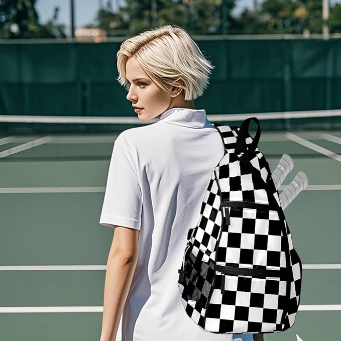 Pickleball Bag Black White Checkered Pickle Ball Backpack for Women Men Premium Lightweight Crossbody Sling Bag Sports Backpack for Pickleball Paddle Tennis