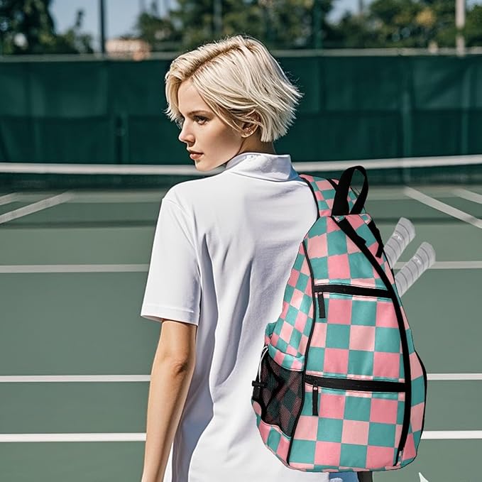 Pickleball Bag Pink Teal Checkered Pickle Ball Backpack for Women Men Premium Lightweight Crossbody Sling Bag Sports Backpack for Pickleball Paddle Tennis