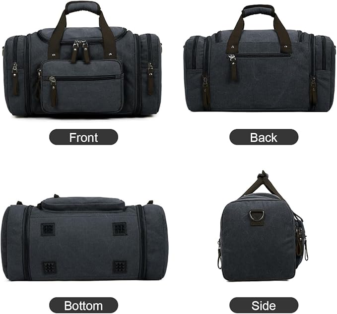 Expandable Canvas Travel Duffle Bag for Men, 35-40L Vintage Overnight Weekender Bag with Multi-pocket, Black
