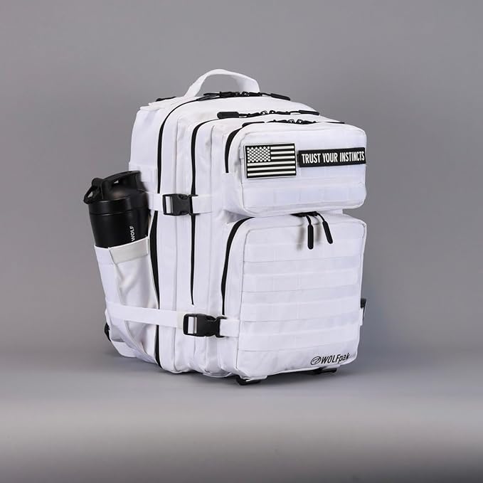 WOLFpak 35L Athletic Gym Backpack - Durable 1000D Waterproof Oxford Material with MOLLE Webbing, Laptop Pocket & Dual Cup Holders, Durable Fitness/Travel/Military Daypack (Polar White)