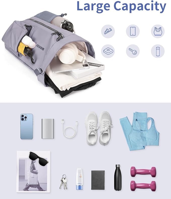 WANDF Drawstring Backpack Sports Gym Bag with Shoes Compartment, Water-Resistant String Beach Sackpack Swim Bag for Women and Men (Grey)