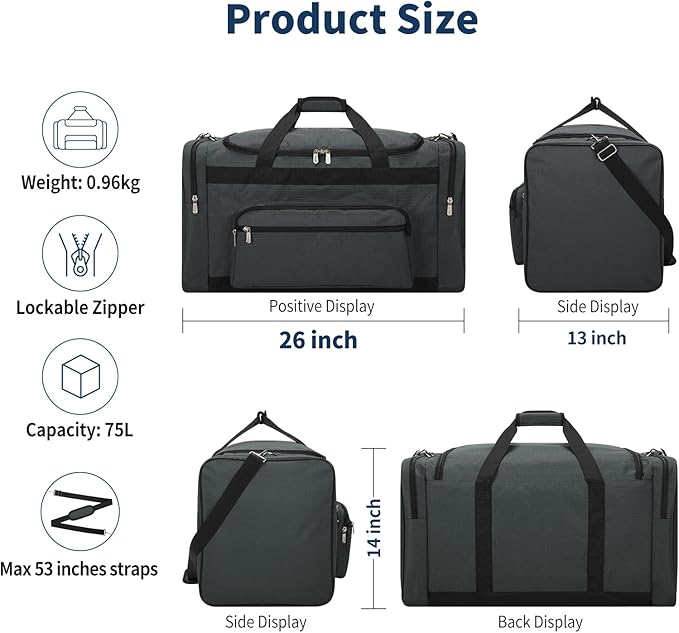 75L Large Duffle Bag for Men - 26 inch Duffel Bag Heavy Duty for Weekend Travel Sport Camping/Travel - Dark Grey