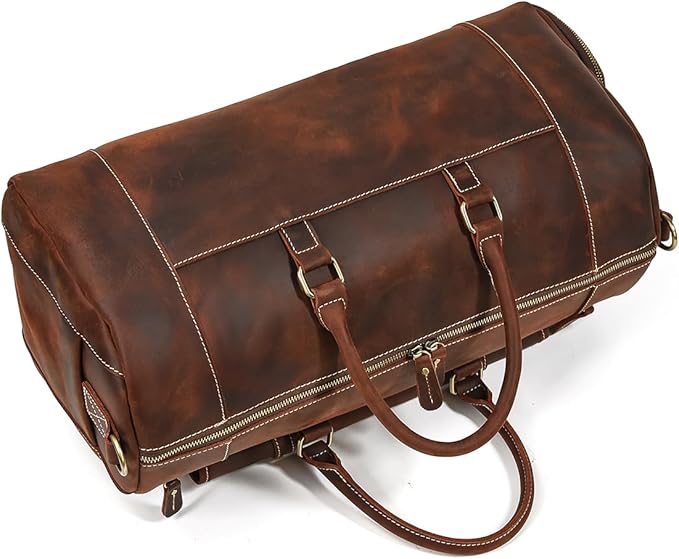 Leather Duffel Bags for Men and Women, 20 Inch Full Grain Leather Travel Overnight Weekend Bags, 9802 Brown