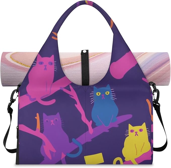 Yoga Gym Bag for Women, Cute Cat Gym Bag with Yoga Mat Holder, Purple Duffel Bag, Sport Bag with Shoe Compartment and Wet Dry Storage Pockets, Suitable for Gym, Travel, Pilates and Beach