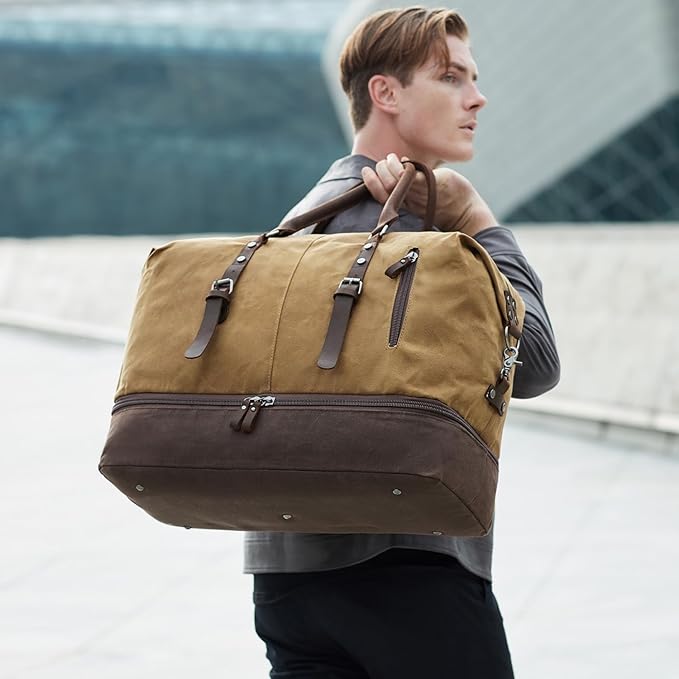 FENGDONG Weekender Bag Large Overnight Bag for Men Women Tote with Shoe Compartment Canvas Carry on Luggage Bag Travel Duffel Bag Brown