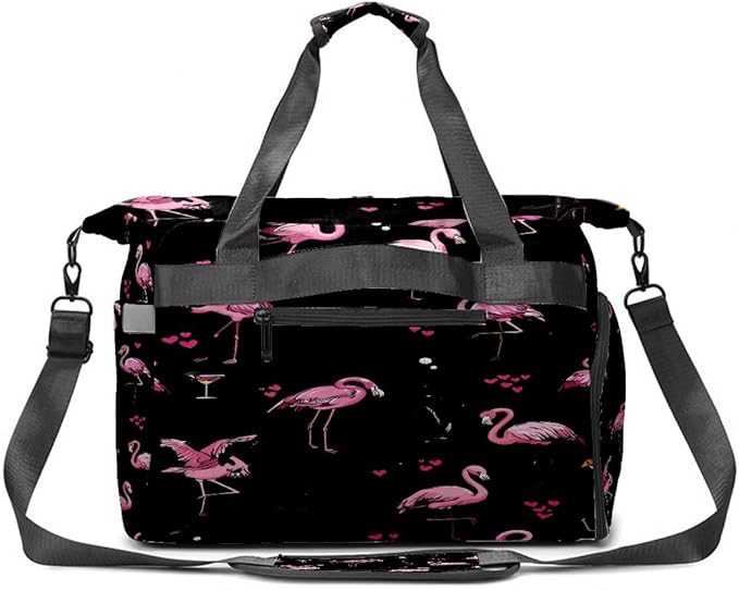 Women's Tennis Bag Large Capacity - Ventilated Shoe Compartment & Waterproof Wet Pocket, Multi-Functional Gym Duffel Bag for Tennis, Yoga, Travel (Flamingos Black)