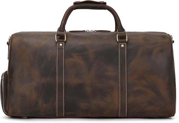 Leather Duffel Bags for Men and Women, 20 Inch Full Grain Leather Travel Overnight Weekend Bags, Dark Brown