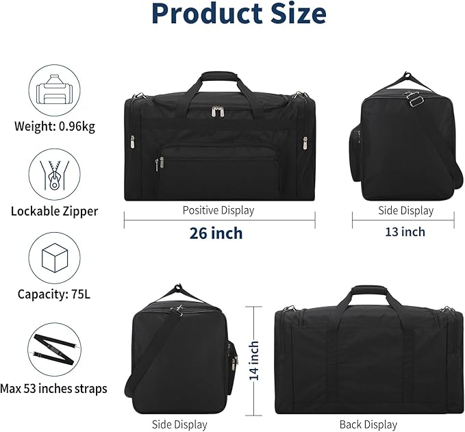 75L Large Duffle Bag for Men - 26 inch Duffel Bag Heavy Duty for Weekend Travel Sport Camping - Black