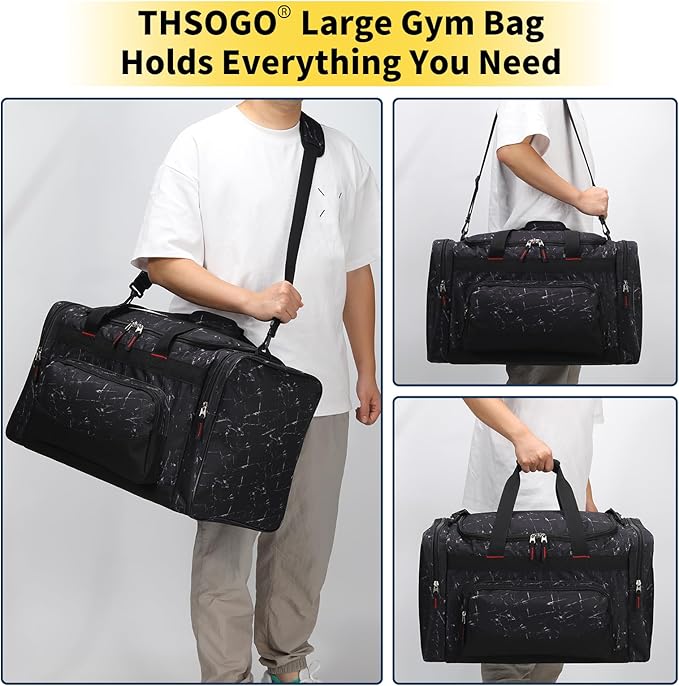 22 inch Gym Bag for Men - 55L Large Travel Duffle Bag Sports Equipment Bag with Multiple Zippered Pockets,Outdoor Workout Duffle Bag for Overnight Weekend - Marble Black