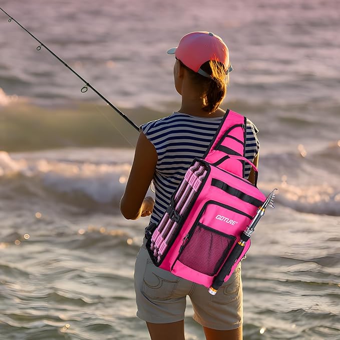 Goture OpenSide Tactical Sling Tackle Bag with 3 3700 Tackle Trays, Lightweight Fishing Backpack Storge Gear-Pink Bag Outdoor,Gift for women