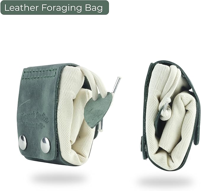 Toprank Leather Foraging Pouch – Collapsible Canvas and Leather Belt Bag for Hiking, Mushroom, Rock & Shell Collecting (Green/Off-White)