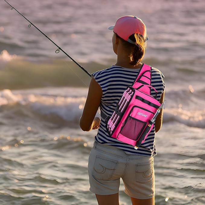 Goture OpenSide Tactical Sling Tackle Bag with 3 Tackle Trays and Fishing Tools, Lightweight Fishing Backpack Storage for Gear and Equipment - Pink Bag Outdoor, Gift for Women