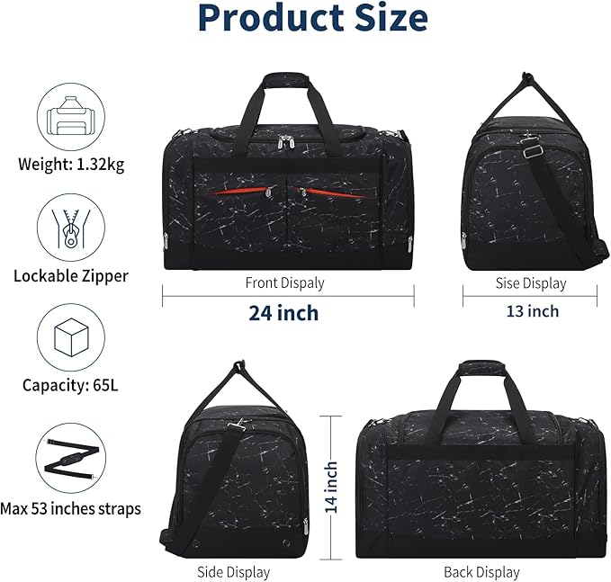 24 inch Large Gym Bag for Men - 65L Hard Bottom Duffle Bag with Shoes Compartment for Sport/Travel - Marble Black