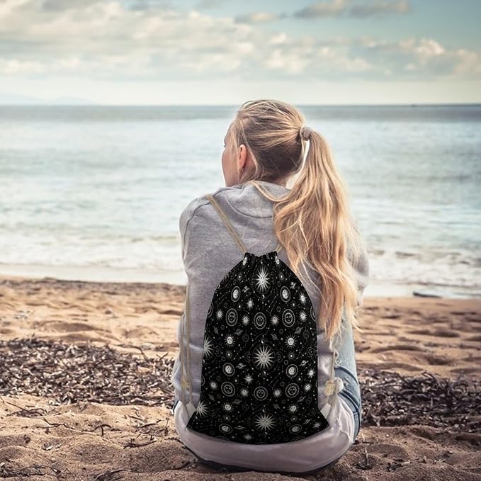 Canvas Drawstring Backpack for Men Women Lightweight Workout Gym Storage Bag, Sun Moon Star Constellation Art Funny Drawstring Bags for Travel Sport