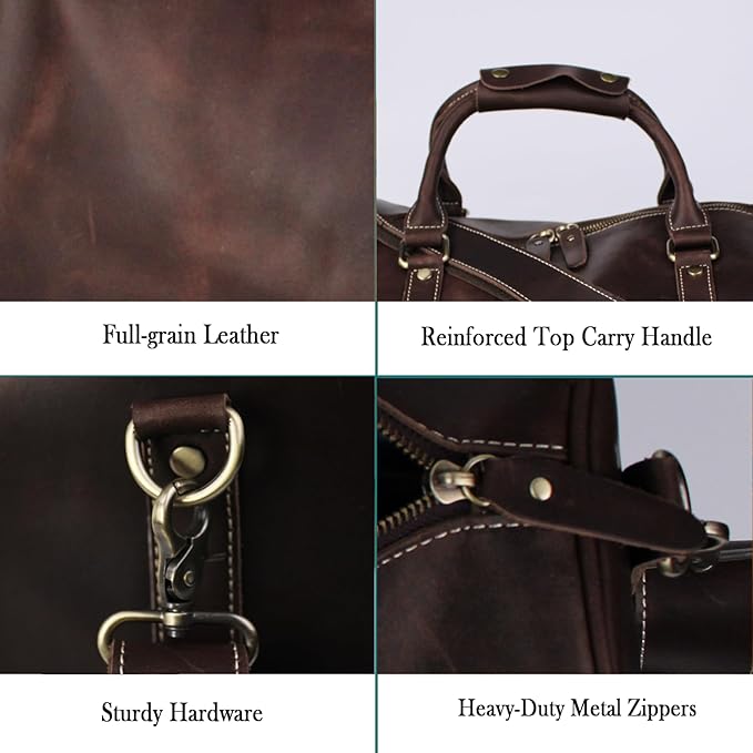 Vintage Crazy Horse Leather Travel Duffel Bag with Shoe Compartment Multi-Carry Duffle +Brass Anti-Scratch Feet/Business/Casual/Travel(5096-Brown)