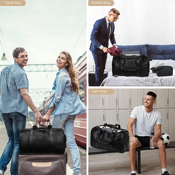Wogarl 3PCS Leather Weekender Bag for Women Men: Large Overnight Travel Duffel Bags with Shoe Compartment Toiletry Packing Cube Carry On Tote Fit 21"(Black)