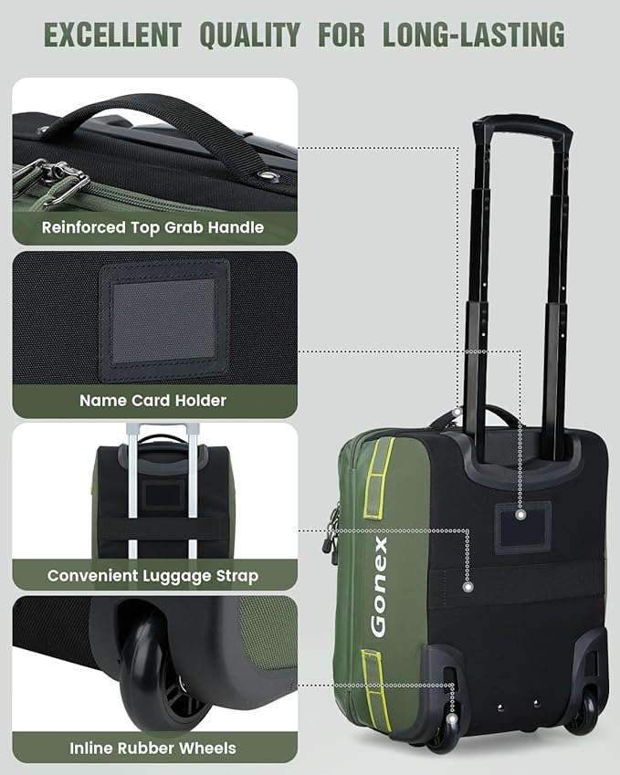 Gonex Waterproof Underseat Carry on Luggage with Wheels, 16 inch PVC Small Wheeled Travel Luggage for Airline, Rolling Overnight Weekender Suitcase for Men Women 30L, Olive Green