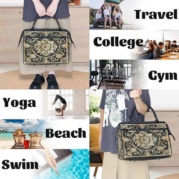 Travel Duffle Bag, Tile Flowers Ornament Overnight Weekender Tote Bag for Women Men Waterproof Carry On Luggage with Zipper Lightweight Sport Gym Bag for Traveling Yoga Camping Traveling Gifts