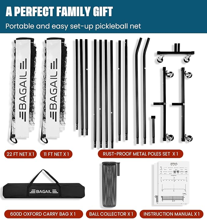 BAGAIL Portable Pickleball Net Set, 22 FT Regulation Size Pickle Ball Net with Ball Collector, 4 Balls and Carry Bag, Easy Setup for Outdoor Indoor Driveway