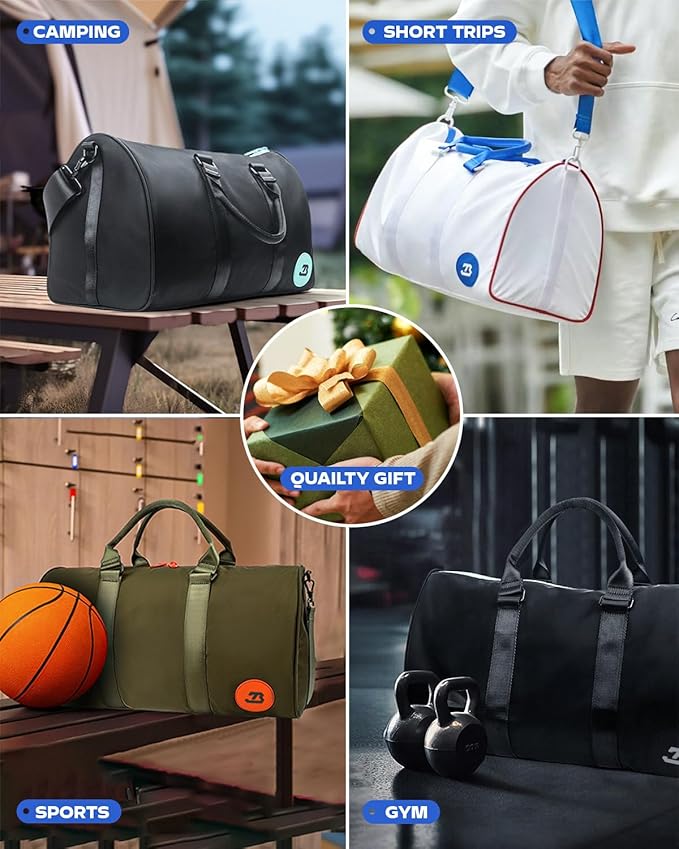 4Pcs/Set Waterproof Sports Duffel Bag 1000D Nylon Durable Gym Bags for Men and Women Overnight Bag with 3 Accessory Bags of Wet & Dry Separation Upgrades 2.0 White