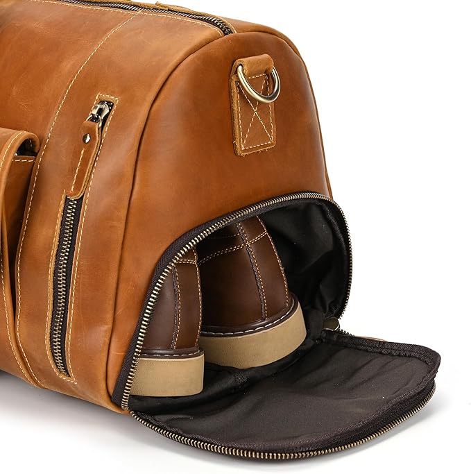 Leather Duffel Bag 20 Inch Full Grain Leather Travel Overnight Weekend Bag for Men and Women, 9802 Light Brown