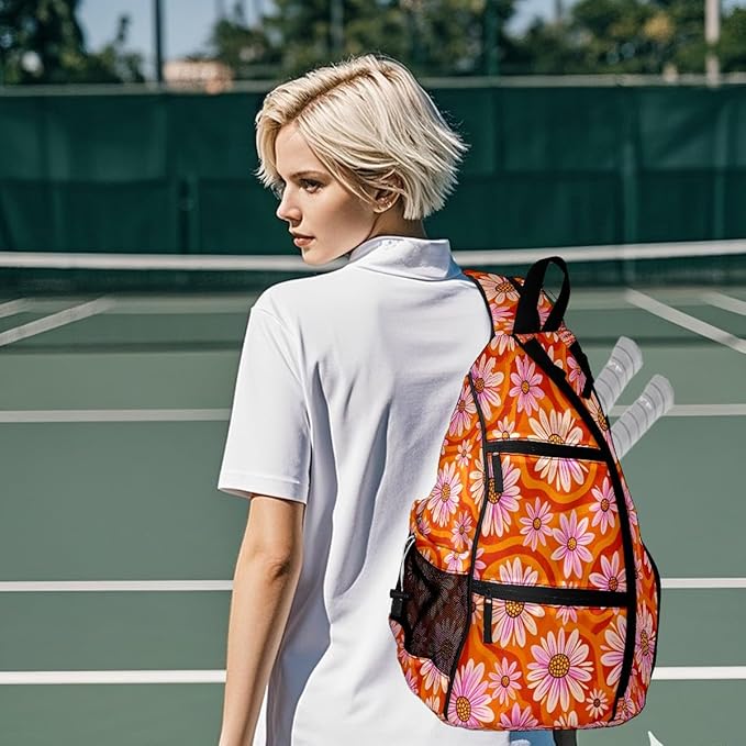 Pickleball Bag Daisy Flowers Orange Pickle Ball Backpack for Women Men Premium Lightweight Crossbody Sling Bag Sports Backpack for Pickleball Paddle Tennis