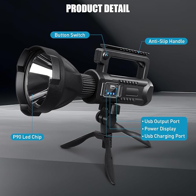 ALSTU Rechargeable Spotlight, 99,000 Lumens Super Bright Handheld Led Flashlight, Outdoor Spot Light for Boating Camping