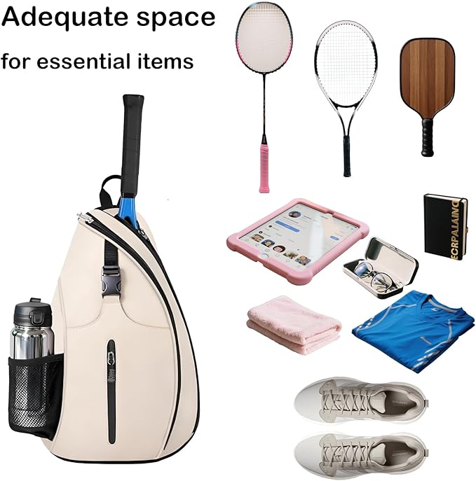 Beige Pickleball Sling Bag - Lightweight Crossbody Design Holds 2 Paddles & 6 Balls - Ventilated Water Bottle Holder, Multiple Compartments - Fit for Drills, Casual Play & Travel