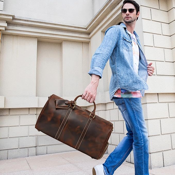 Full Grain Leather Duffel Bags for Men and Women 20 Inch Travel Overnight Weekend Leather Bags Travel Duffel for Men, 9804 Brown