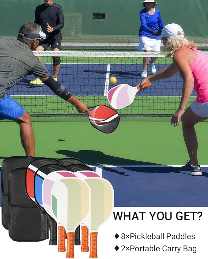 8 Pcs Pickleball Paddles Set of 8 with 2 Carry Bags | 9-Ply Poplar & Carbon Fiber Composite USAPA Approved Paddles | Ideal for Family, Club, Training & Gifts