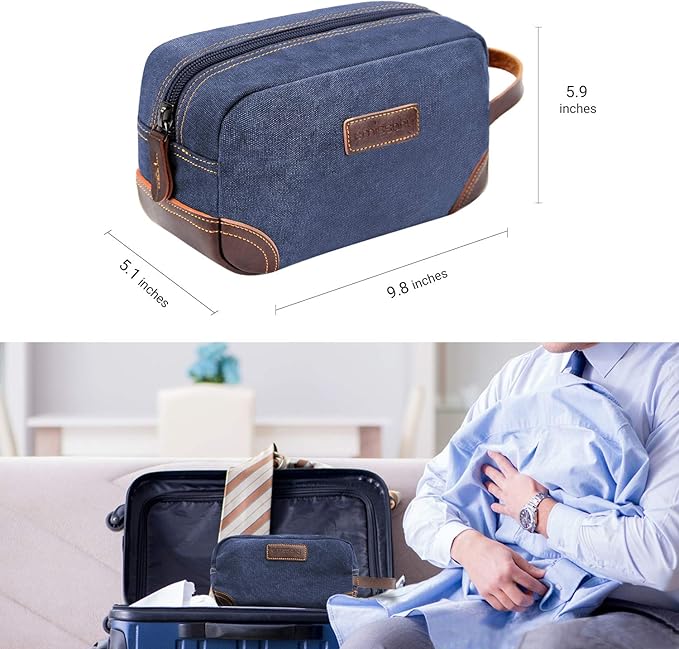 emissary Men's Toiletry Bag, Leather and Canvas Travel Toiletry Bag, Dopp Kit for Men, Travel Bathroom Bag Men's Shaving Kit, Travel Kit Small Bags for Men, Shaving Bag for Travel Accessories (Blue)