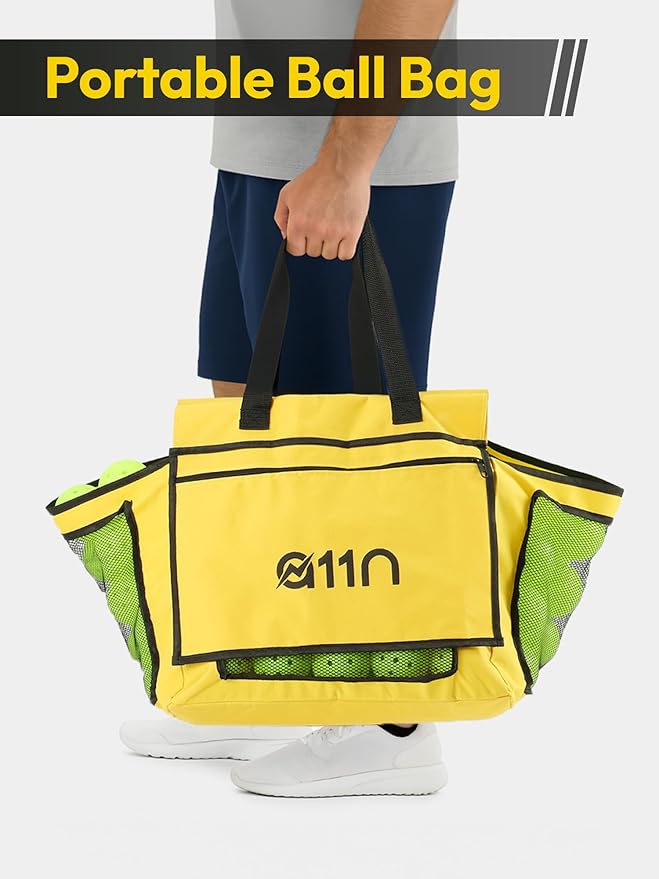 A11N SPORTS Pickleball Tennis Balls Hopper with Side Pocket – Holds 140 Pickleballs or 180 Tennis Balls, Pickleball Caddy with 4 Swivel Wheels, Foldable Frame & Detachable Bag for Training or Coaching