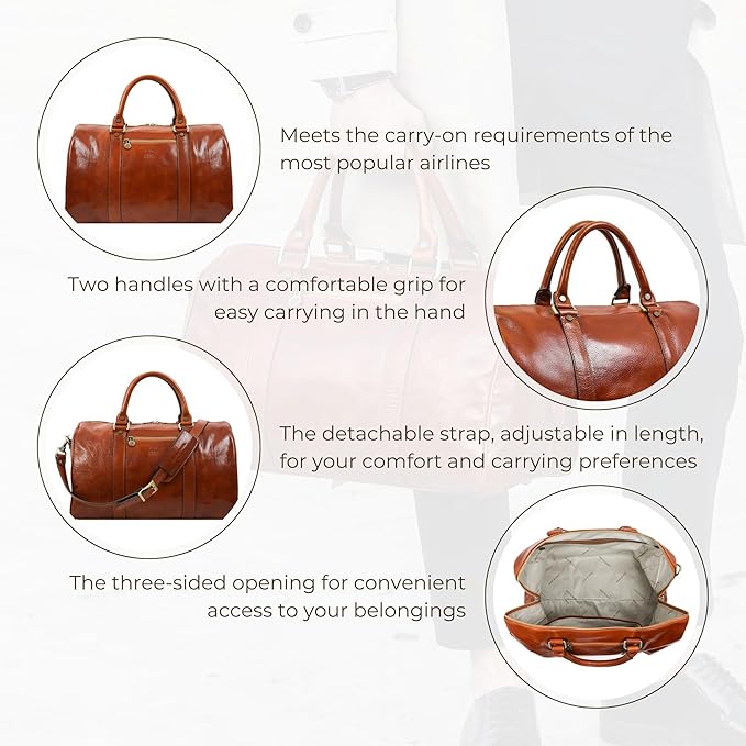 Full Grain Leather Small Duffel Bag Gym Bag Weekender Overnight Unisex Brown - Time Resistance