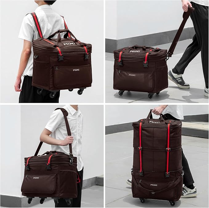 mixi Travel Bag with Wheels Expandable Foldable Luggage Bag Collapsible Rolling Travel Duffel Bags Large Capacity Suitcase for Men Women, Brown