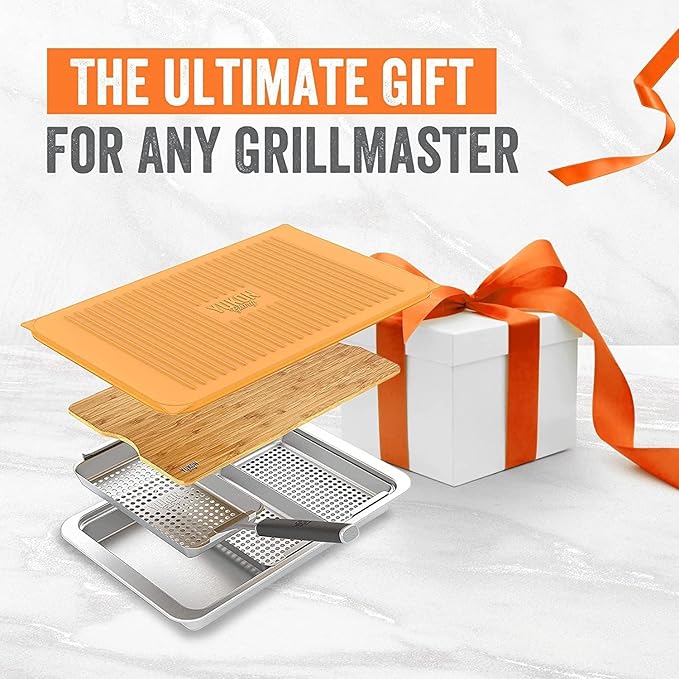 Yukon Glory™ BBQ 'N SERVE Premium Set, Includes 3 Grill Baskets, Serving Tray, Bamboo Cutting Board, Plastic Lid and Clip-on Handle