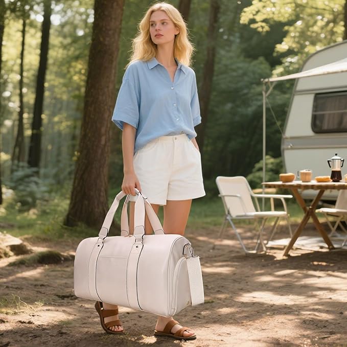 3-in-1 Leather Duffle Bag with Toiletry and Shoe Compartment, Weekender Overnight Gym Bag for Men and Women, Carry On Fits Most 15.6 Inch Laptops(Beige)