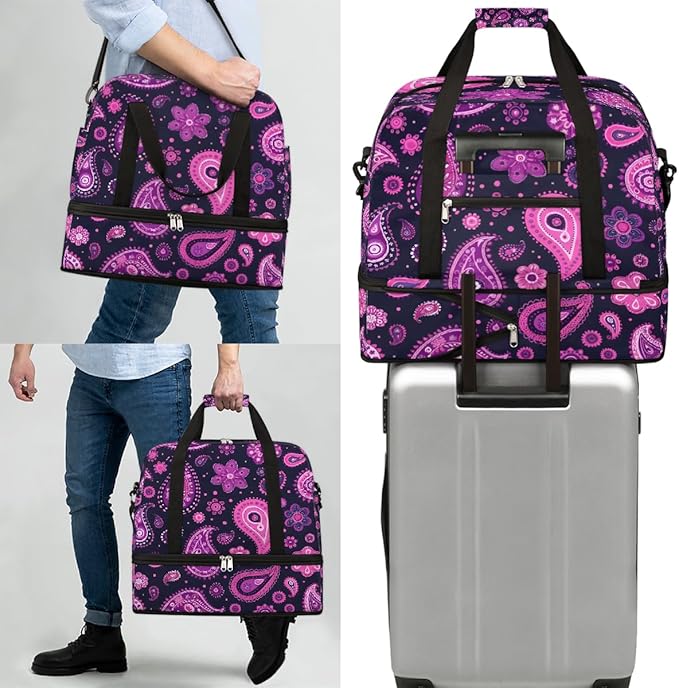 Purple Paisley Pattern Travel Duffle Bags With Shoes Compartment for Women Men Weekender Overnight Bag Foldable Sports Tote Gym Carry On Luggage Handlebag for Travel Yoga Hospital Workout