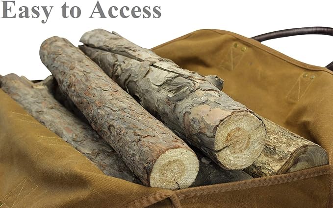 INNO STAGE Firewood Log Carrier Bag Waxed Canvas Tote Holder with Fireplace Pure Leather Gloves for Hay Hauling Outdoor Camping, BBQ Barbecue