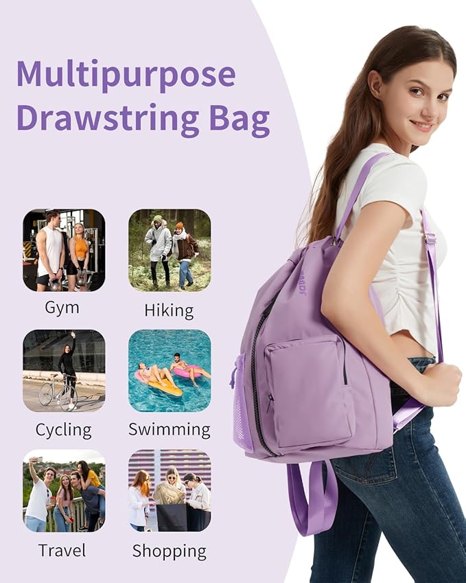 WANDF Drawstring Backpack Sports Gym Bag with Shoes Compartment, Water-Resistant String Beach Sackpack Swim Bag for Women and Men (Lilac Purple) | Water-Resistant, Swim Bag