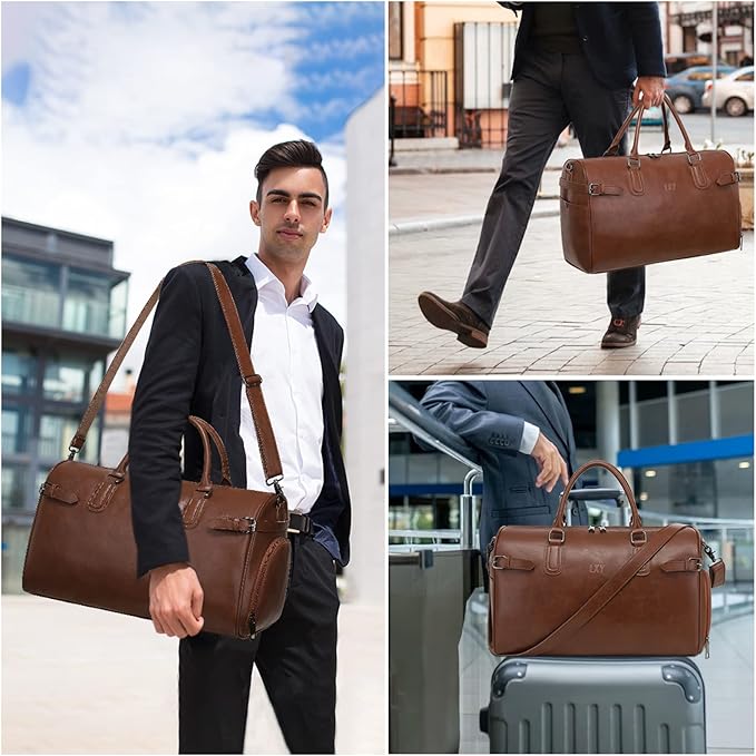 Vegan Leather Duffle Bag, LXY Travel Duffle Weekender Bag with Shoe Compartment, Duffel Overnight Gym Bags for Women Men Brown