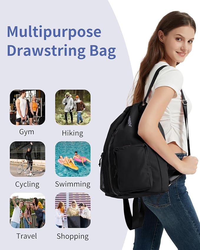 WANDF Drawstring Backpack Sports Gym Bag with Shoes Compartment, Water-Resistant String Beach Sackpack Swim Bag for Women and Men (Black)