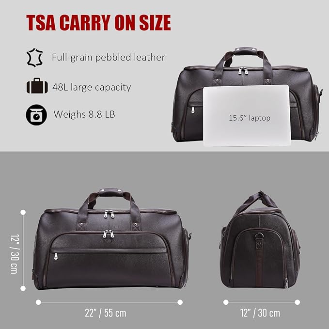 STAR VISTA Voyager-03 Luxury Convertible Garment Duffel Bag, Full Grain Pebbled Leather, Premium Canvas Lining, 22x12x12 Inch Carry-On, with Backpack Mode, Shoe Compartment