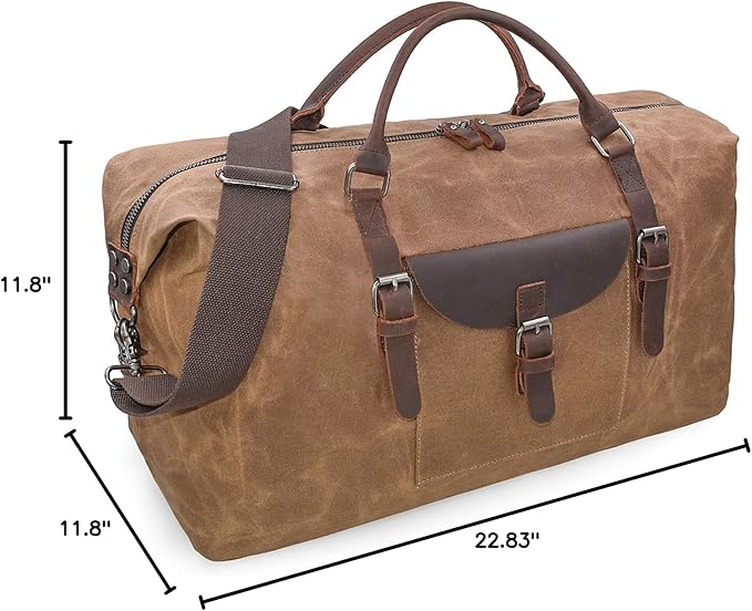 Oversized Travel Duffel Bag Waterproof Canvas Genuine Leather Weekend bag Weekender Overnight Carryon Hand Bag Brown