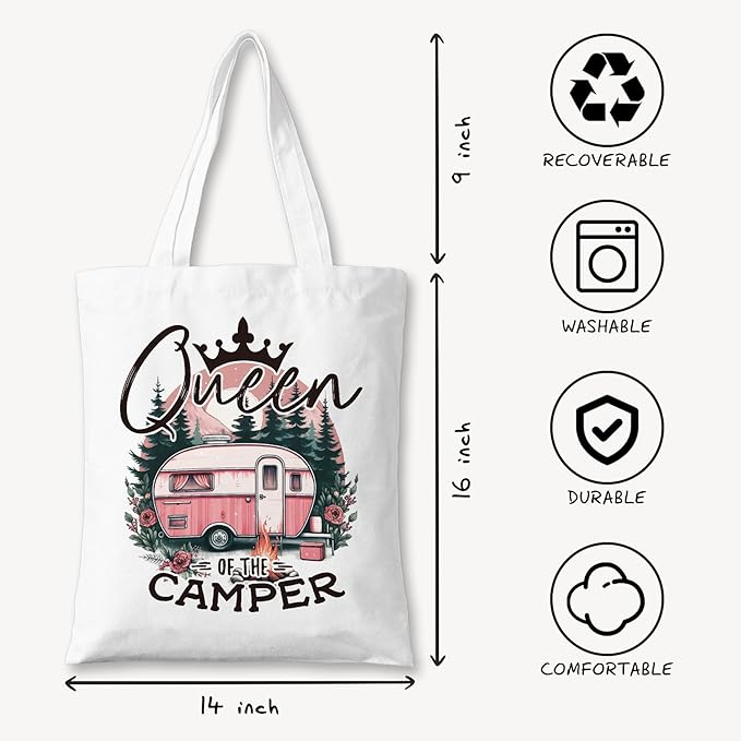 Queen of the Camper Tote Bag, RV Life Canvas Bag for Camping Moms, Funny Road Trip Gift for Travel Lovers, Durable Reusable Shopper for Glamping & Outdoor Adventures. (110)