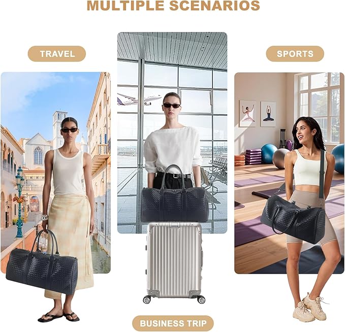 Weekender Bags for Women Woven Leather Travel Duffel Bag with Shoe Compartment, Carry On Garment Bag for Men Women, Large Capacity Water-resistant Gym Tote (Dark Blue)