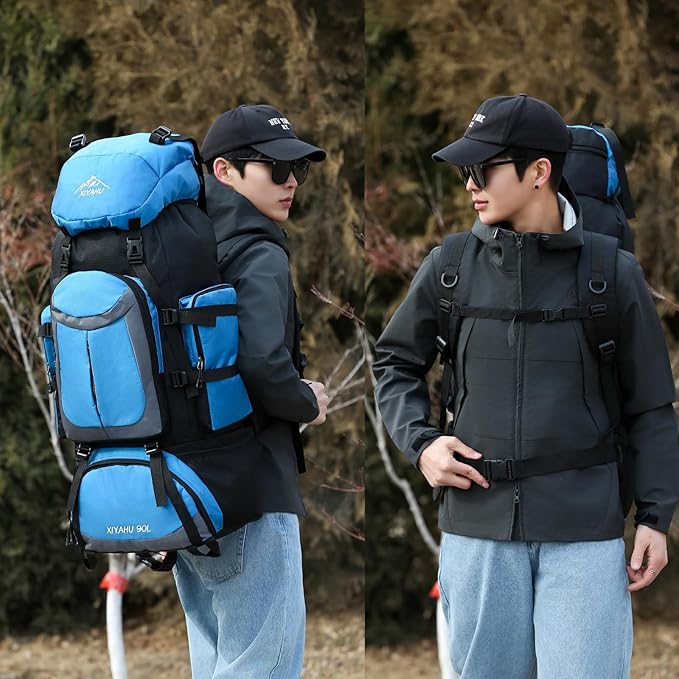 Lawaia 90L Hiking Backpacks Camping Waterproof Backpacking Travel Bag Trekking Back Pack Large Capacity Internal Frame Outdoor Daypacks Rucking Backpack Climbing Ruck Sack for Men Women-Sky Blue