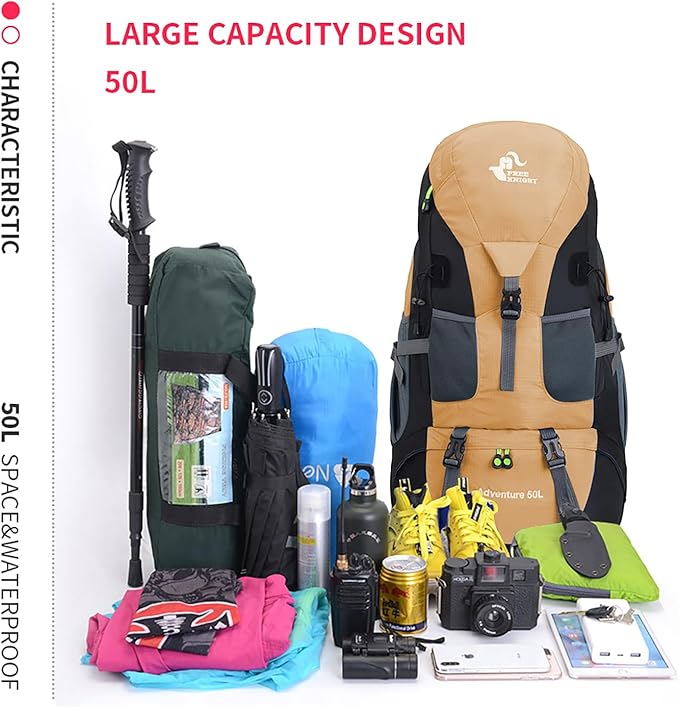 Bseash 50L Hiking Backpack, Water Resistant Lightweight Outdoor Sport Daypack Travel Bag for Camping Climbing Skiing Cycling (Gold - With Shoe Compartment)