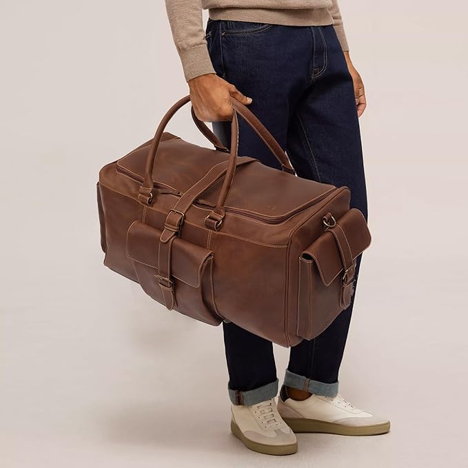 Premium Leather Duffle Bag for Travel (21 Inches) | Leather Travel Bag with Adjustable Shoulder Strap - Large, Weekend Overnight Luggage Bag for Men & Women (Brown)